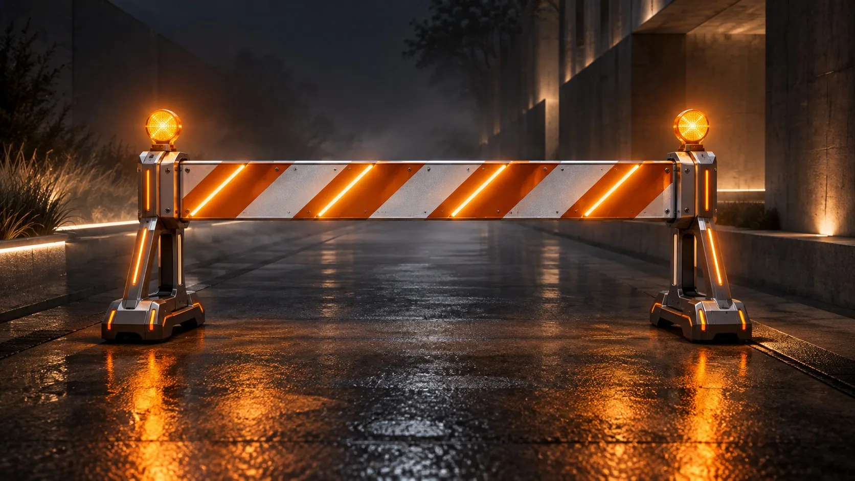 Eine Absperrschranke mit orange-weißen Schrägstreifen und zwei leuchtenden Warnlampen steht nachts quer über einem nassen Durchgang zwischen Betonwänden, auf dem sich das orange Licht spiegelt.