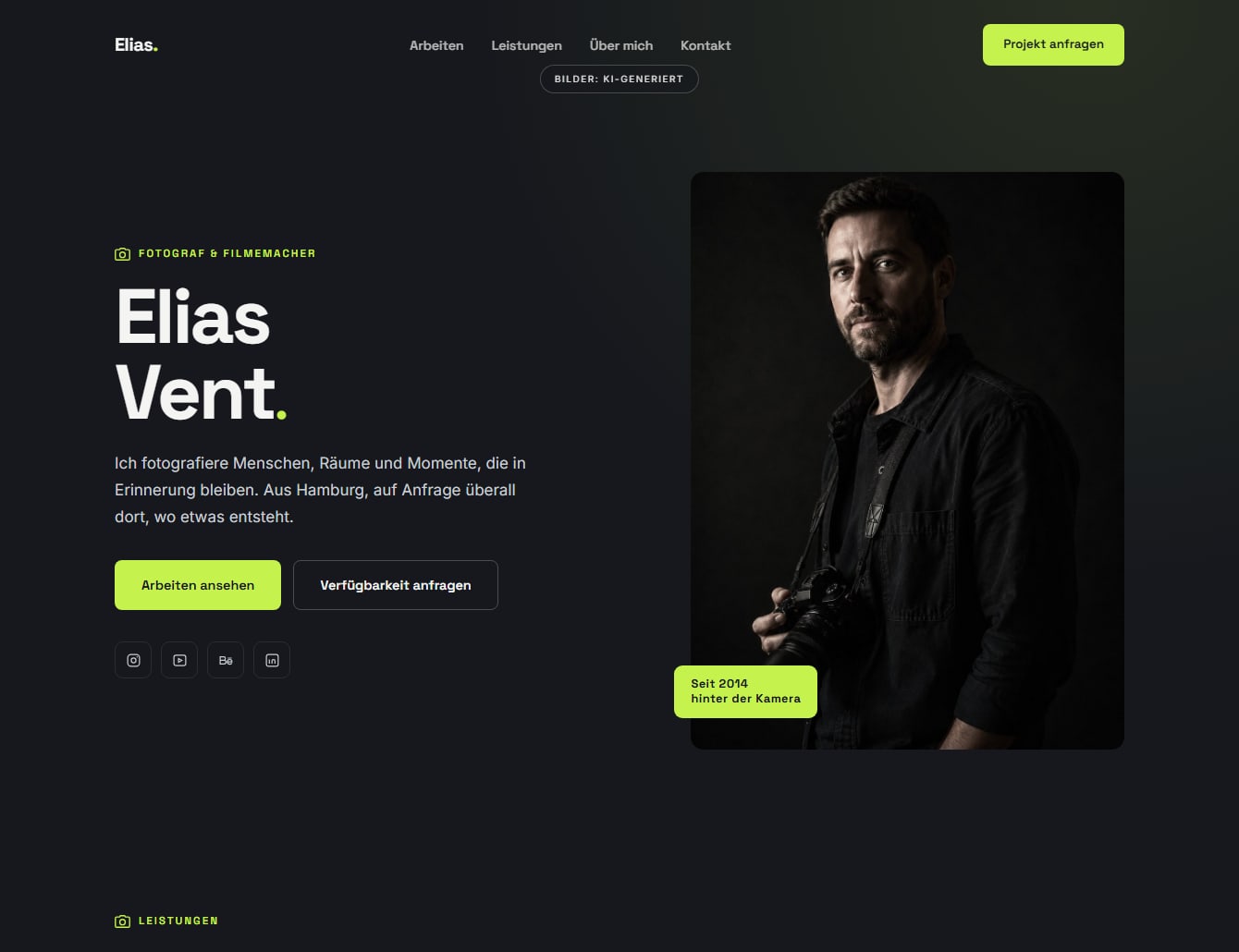 Startseite der Demo-Portfolioseite für den Fotografen Elias Vent – Ansicht 1