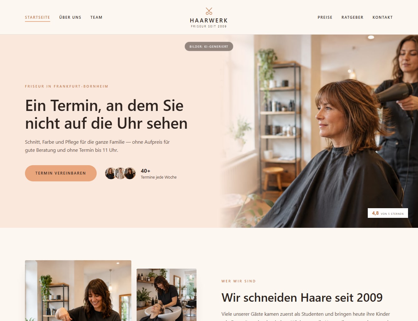Startseite der Demo-Website für den Friseursalon Haarwerk – Ansicht 1