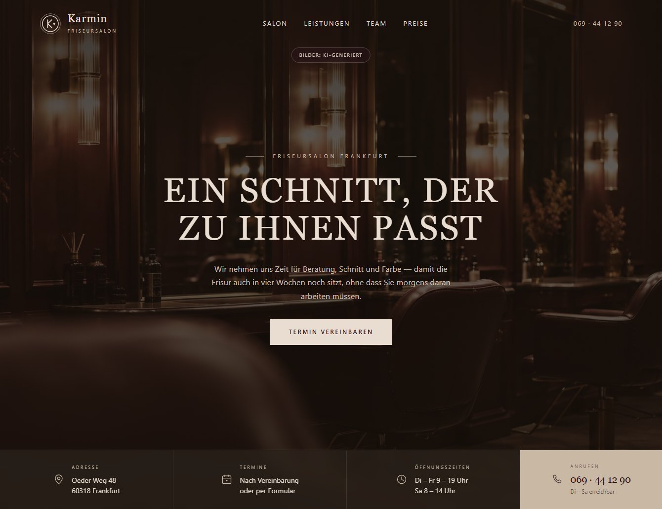 Startseite der Demo-Website für den Friseursalon Karmin – Ansicht 1