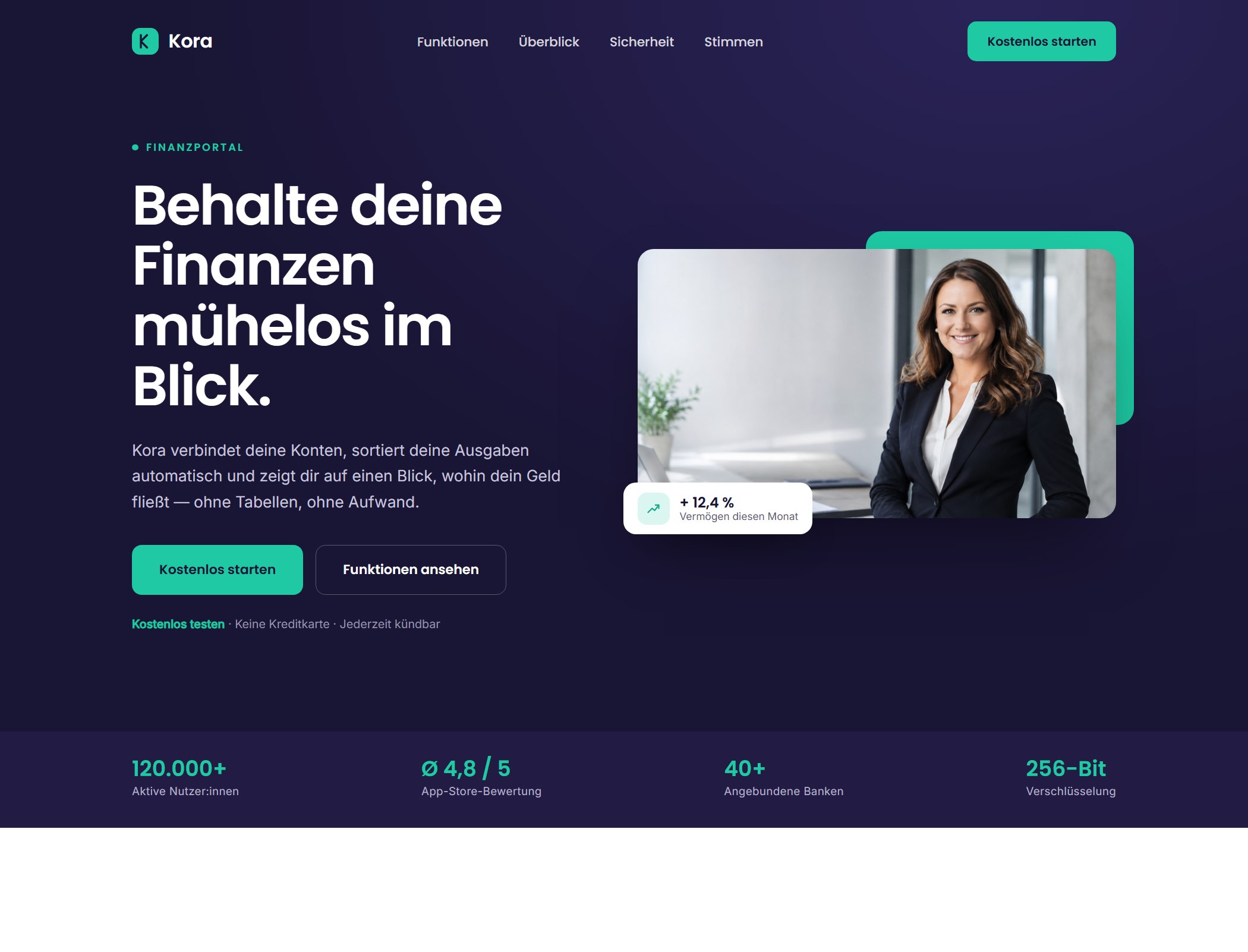 Startseite der Demo-Landingpage für das Finanzportal Kora – Ansicht 1