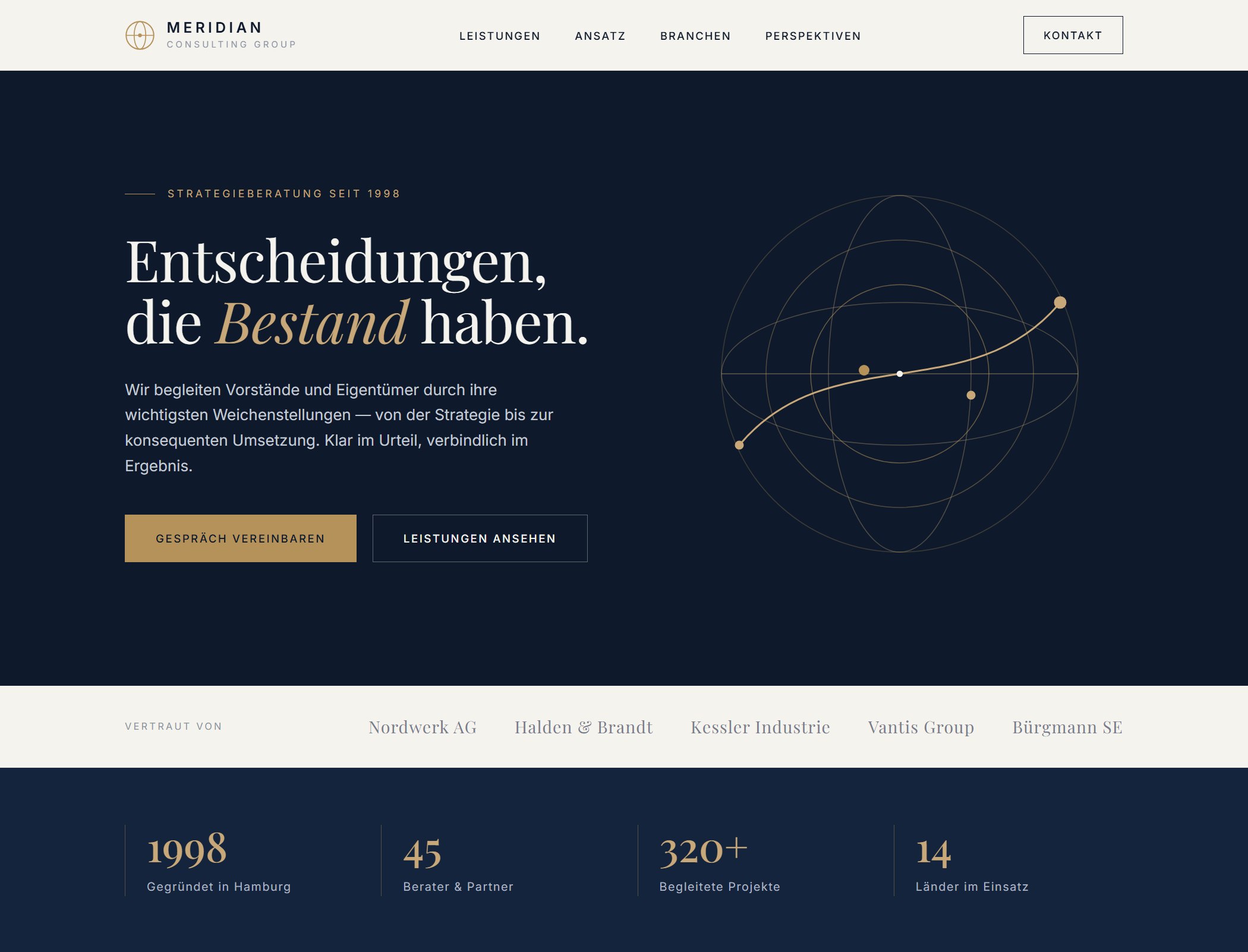 Startseite der Demo-Website für die Meridian Consulting Group – Ansicht 1