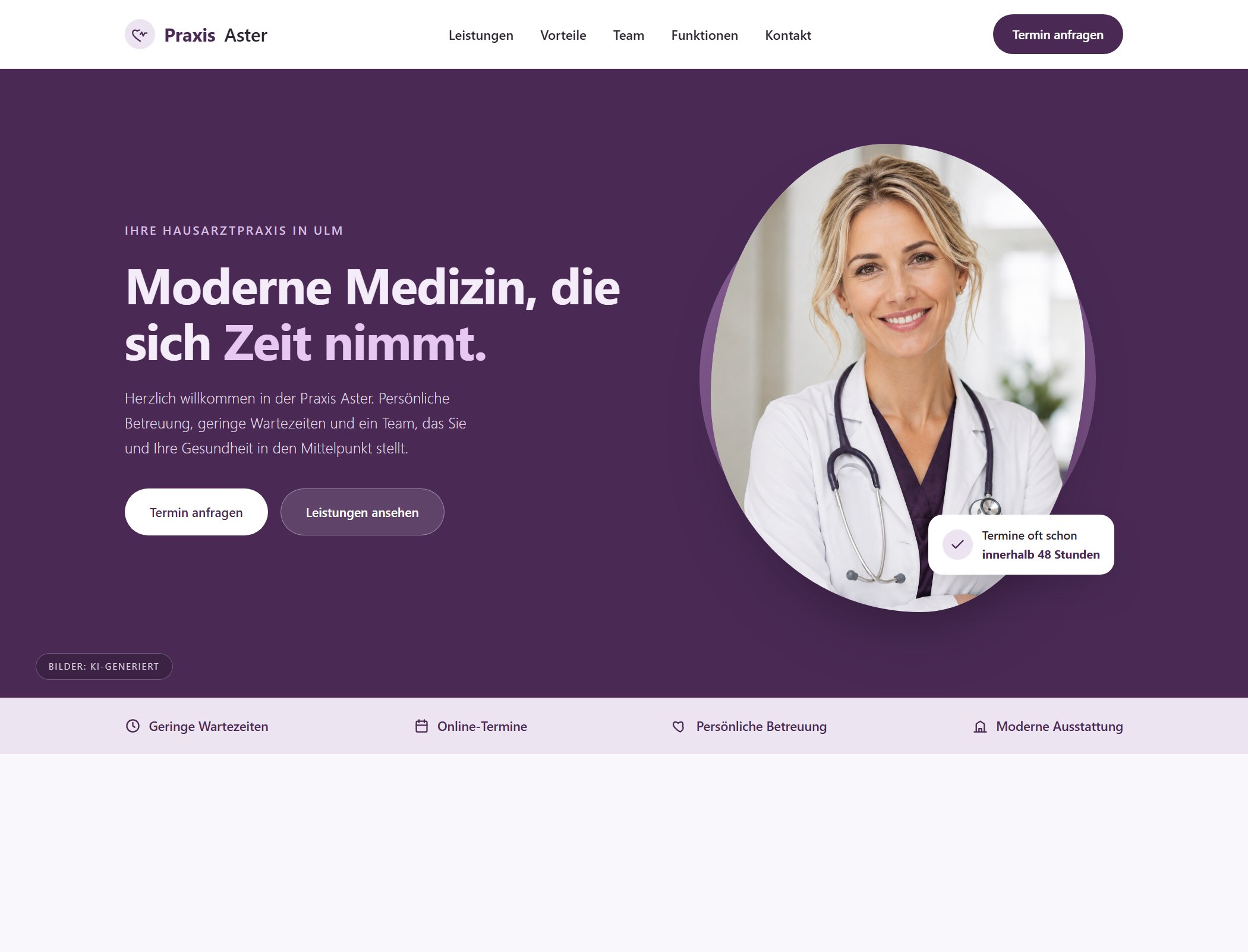 Startseite der Demo-Website für die Hausarztpraxis Praxis Aster – Ansicht 1