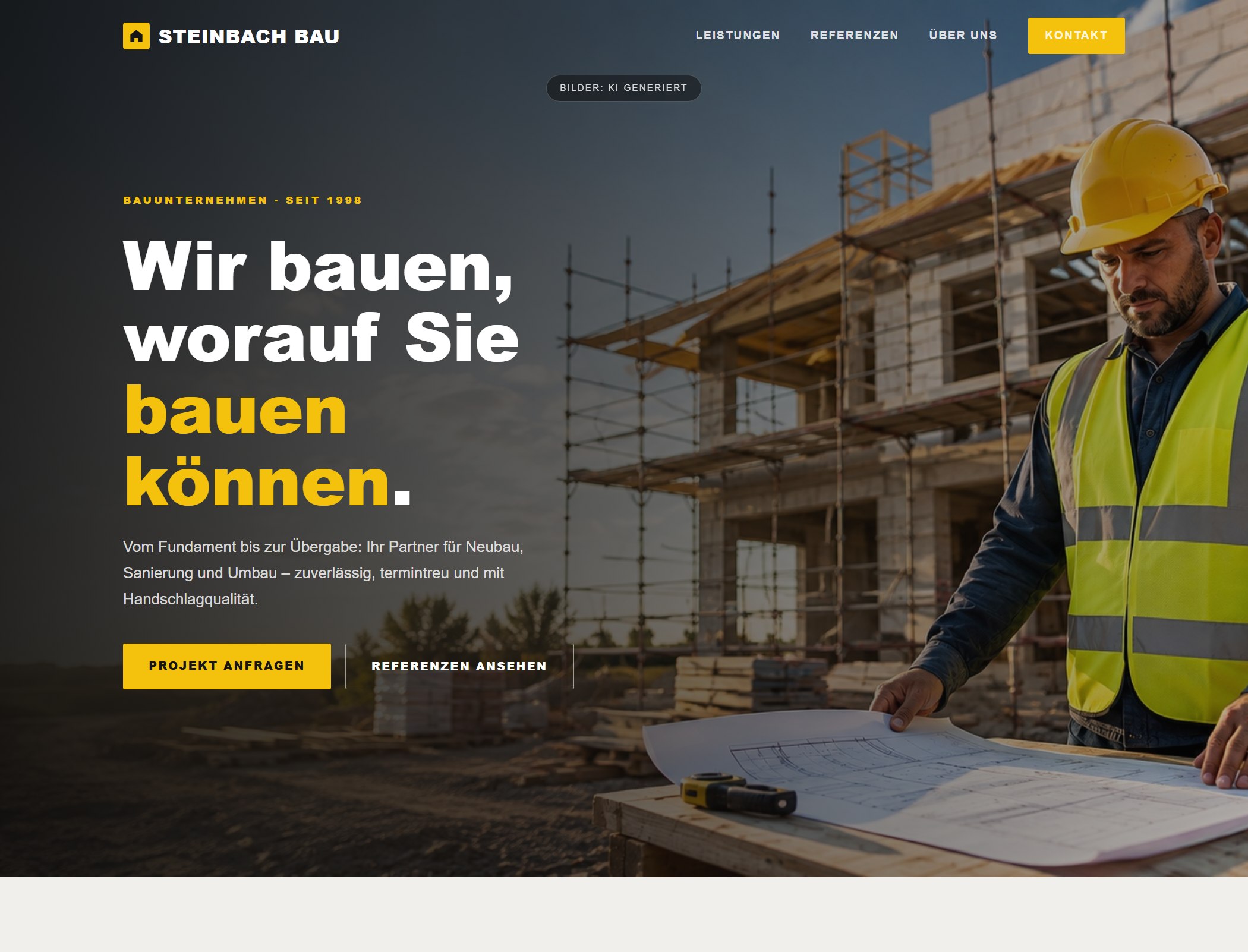Startseite der Demo-Website für das Bauunternehmen Steinbach Bau – Ansicht 1