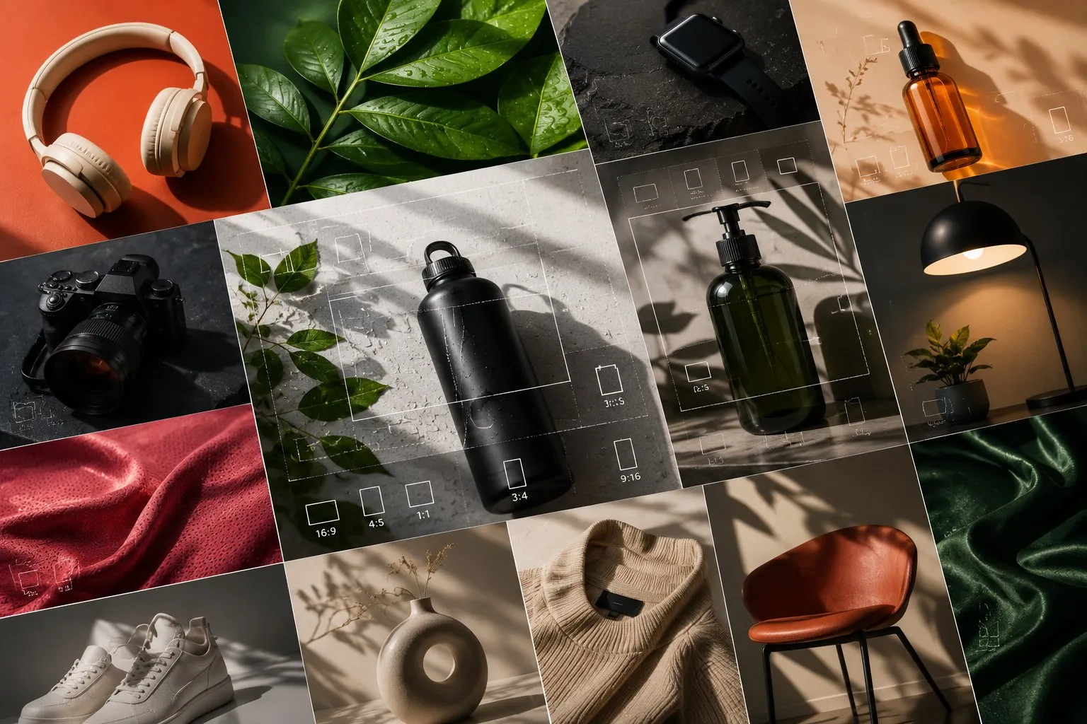 Raster aus Produktfotos in unterschiedlichen Seitenverhältnissen, über einige davon sind Zuschnittrahmen mit Beschriftungen wie 16:9, 4:5, 1:1 und 3:4 gelegt.