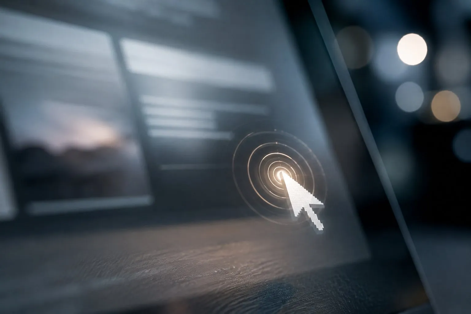 Mauszeiger auf einem Bildschirm im Moment des Klicks, umgeben von konzentrischen Lichtringen; im unscharfen Hintergrund Fensterausschnitte und Lichtpunkte.