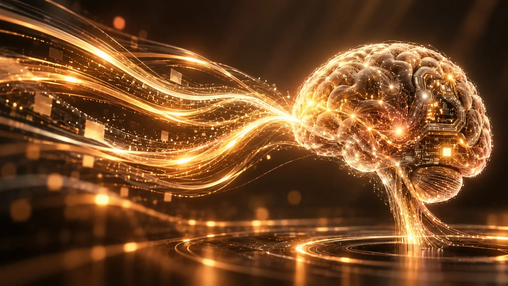 Ein durchscheinendes, golden leuchtendes Gehirn mit Schaltkreisen nimmt Lichtströme mit kleinen schwebenden Datenfeldern auf, die von links heranfließen, darunter spiegeln sich Lichtringe auf einer dunklen Fläche.
