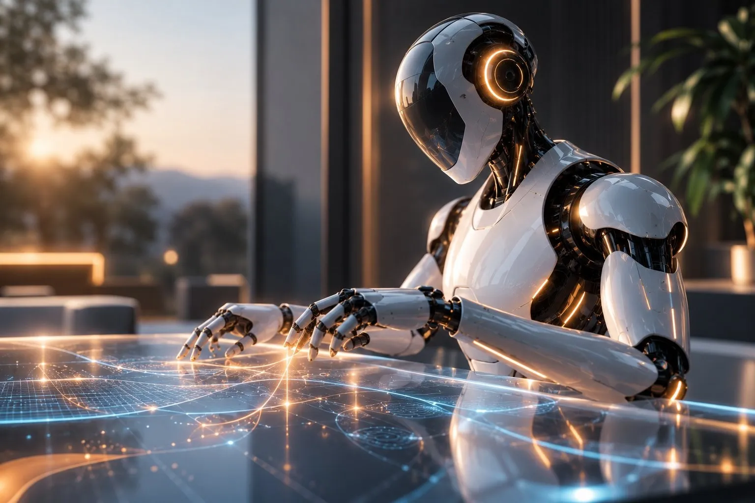Illustration zum KI-Modell GPT-6 Astra: eine humanoide Maschine bedient mit der Hand eine leuchtende Oberfläche aus Linien und Datenpunkten.