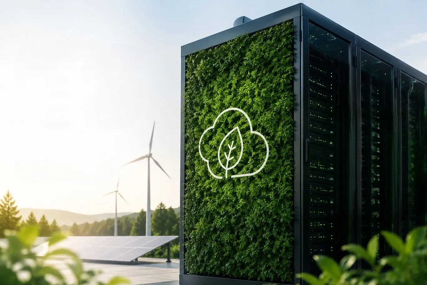 Serverschrank mit bepflanzter Front und einem Symbol aus Wolke und Blatt, dahinter Windräder, Solarmodule und eine bewaldete Hügellandschaft im Sonnenlicht.