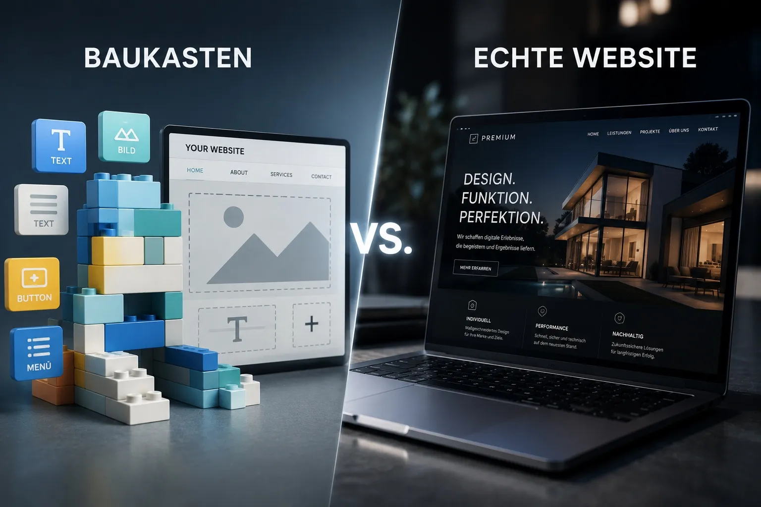 Zwei gegenübergestellte Webseiten-Ansätze: links ein Homepage-Baukasten mit vorgefertigten Vorlagenbausteinen, rechts eine individuell gestaltete Webseite, verbunden durch ein Waage-Symbol als Sinnbild für den ehrlichen Vergleich.