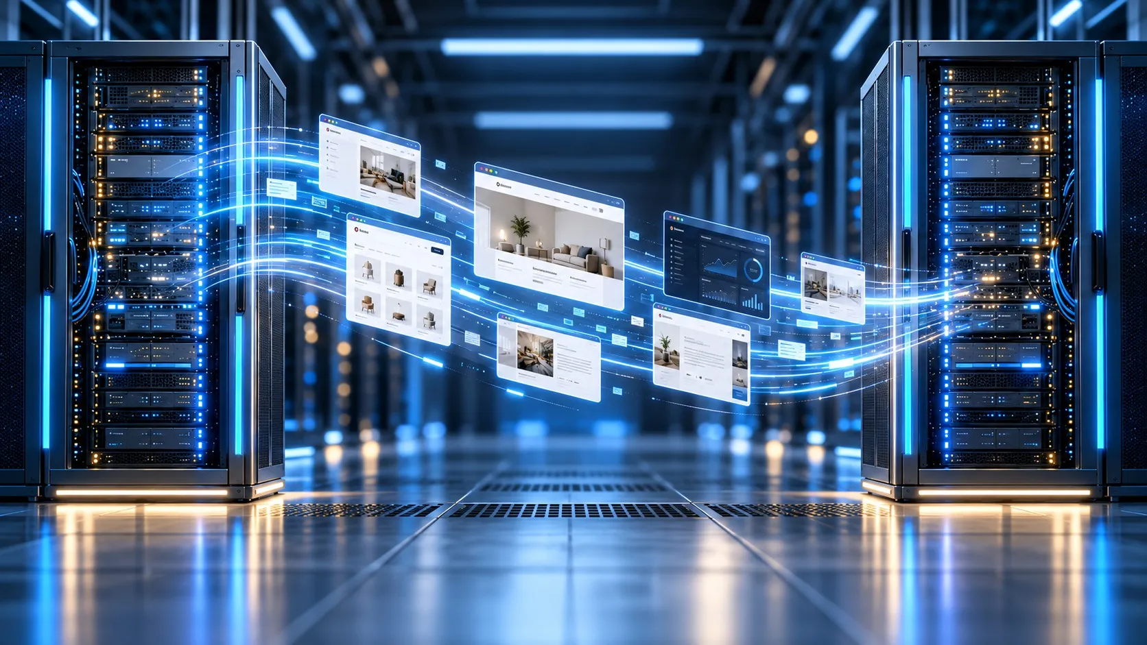 Zwei leuchtende Serverschränke stehen sich in einem Rechenzentrum gegenüber, zwischen ihnen schweben Ansichten einer Webseite auf blauen Lichtbahnen von einem Schrank zum anderen. Sinnbild für den Umzug einer Webseite auf einen neuen Server.