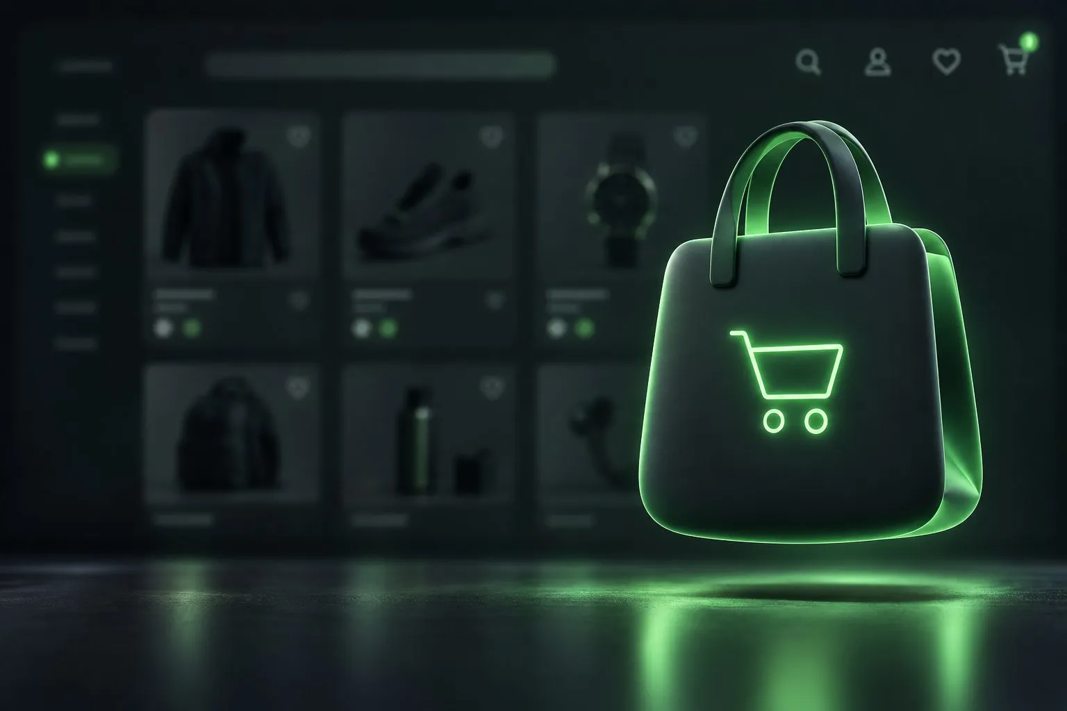 Leuchtende Einkaufstasche mit Warenkorbsymbol vor der unscharf dargestellten Oberfläche eines Onlineshops.