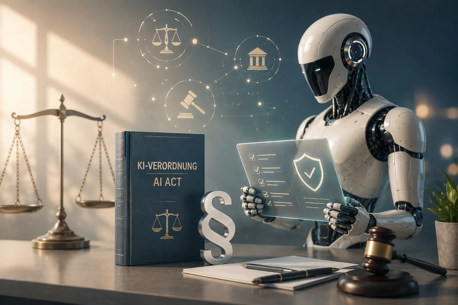 Sinnbild zur EU-KI-Verordnung: ein humanoider Roboter hält ein transparentes Tablet mit abgehakter Checkliste und Schutzschild-Symbol, davor auf dem Schreibtisch ein Buch mit der Aufschrift KI-Verordnung / AI Act, ein Paragrafenzeichen, eine Waage der Gerechtigkeit und ein Richterhammer.