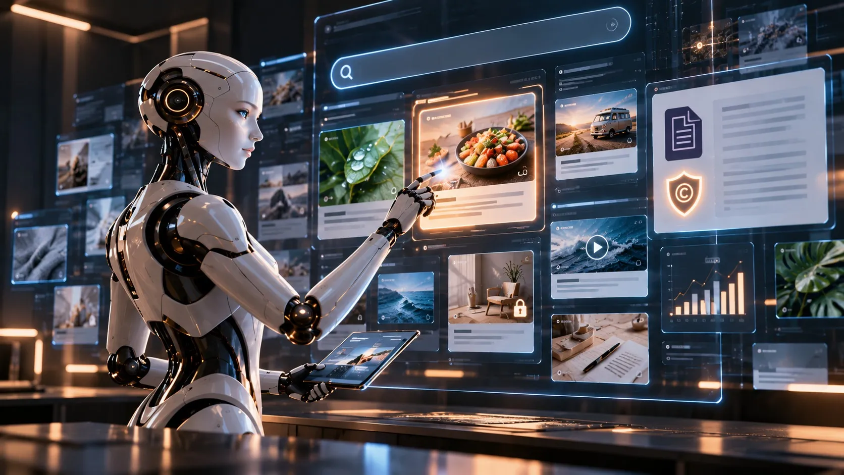 Ein humanoider Roboter mit weißer Hülle hält ein Tablet und zeigt auf eine leuchtende, durchsichtige Wand aus Inhaltskarten mit Fotos, Videos und Texten unter einer Suchleiste, rechts erscheinen ein Dokumentsymbol mit einem Schild mit Copyright-Zeichen und ein Balkendiagramm.