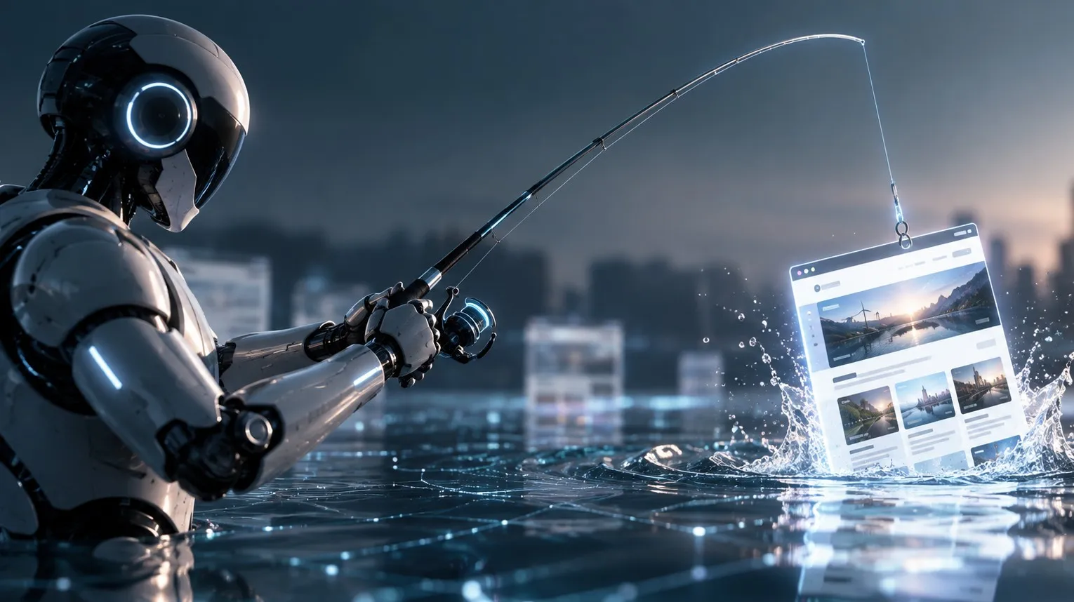 Ein Roboter angelt mit einer Angelrute eine leuchtende Webseite aus einem digital schimmernden Wasser, im Hintergrund die unscharfe Silhouette einer Stadt. Sinnbild für Phishing, das es auf Webseiten und ihre Zugänge abgesehen hat.