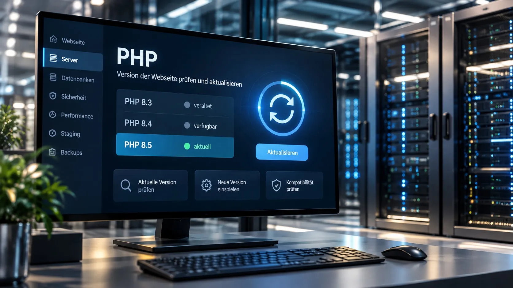 Ein Bildschirm vor beleuchteten Serverschränken zeigt eine Verwaltungsoberfläche mit der Überschrift PHP und den Versionen 8.3, 8.4 und 8.5, von denen 8.5 als aktuell markiert ist, daneben ein kreisförmiges Symbol für die Aktualisierung und eine Schaltfläche mit der Aufschrift Aktualisieren.