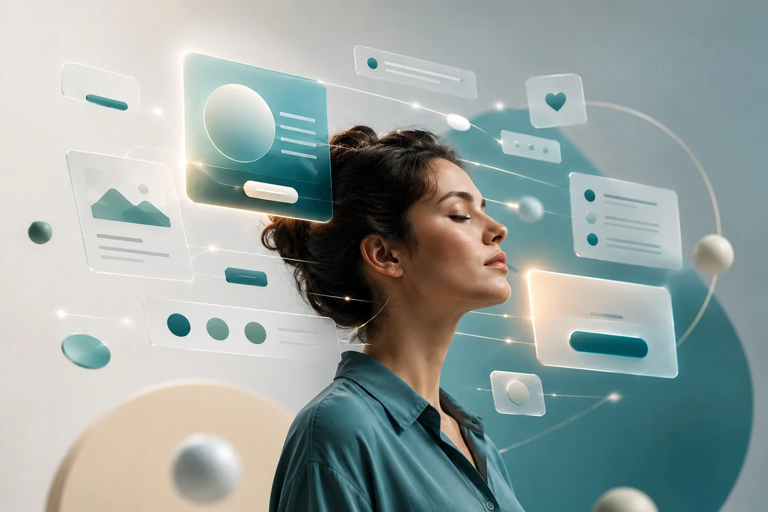 Frau im Profil mit geschlossenen Augen und ruhigem Ausdruck, umgeben von schwebenden, transparenten Interface-Elementen wie Profilkarte, Bildkachel, Liste und Buttons, die durch feine Linien verbunden sind – Sinnbild für psychologisches Webdesign.