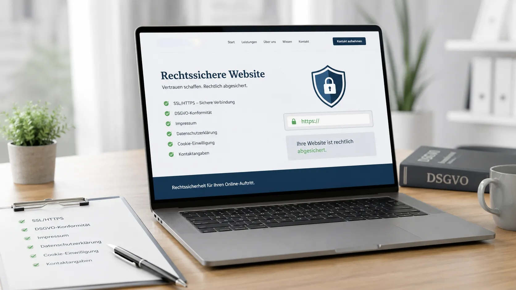 Laptop auf einem Schreibtisch zeigt eine Webseite „Rechtssichere Webseite" mit grüner Checkliste (SSL/HTTPS, DSGVO-Konformität, Impressum, Datenschutzerklärung, Cookie-Einwilligung, Kontaktangaben) und Schloss-Symbol; daneben ein Klemmbrett mit derselben Checkliste und ein DSGVO-Gesetzbuch.
