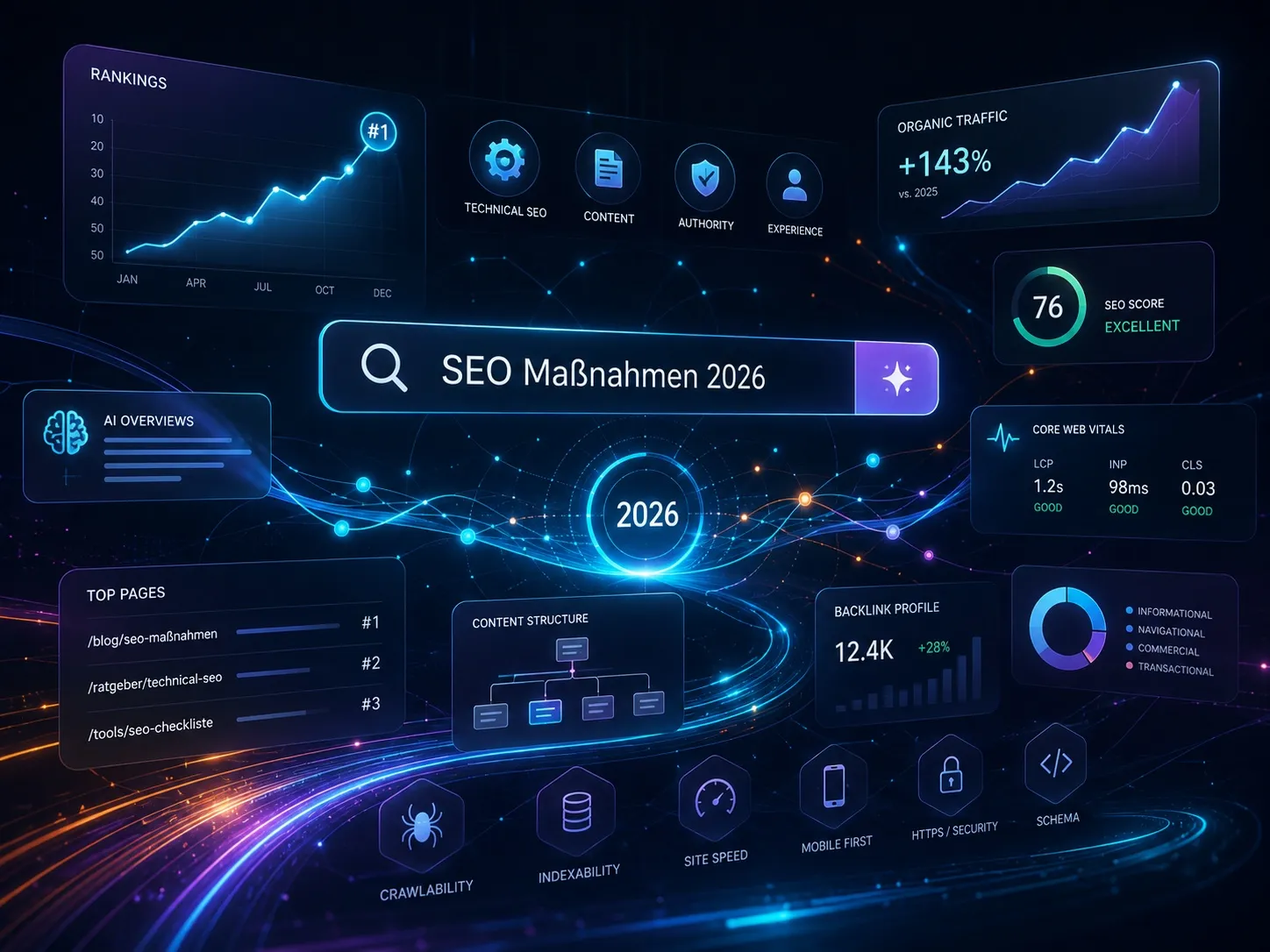Dunkles Dashboard-Motiv zum Thema SEO 2026: eine Suchleiste mit der Eingabe „SEO Maßnahmen 2026", umgeben von Kennzahlen-Karten zu Rankings, organischem Traffic, Core Web Vitals (LCP, INP, CLS) und Backlink-Profil sowie Symbolen für Technik, Content, Autorität, Crawlability, Mobile First, HTTPS und Schema.