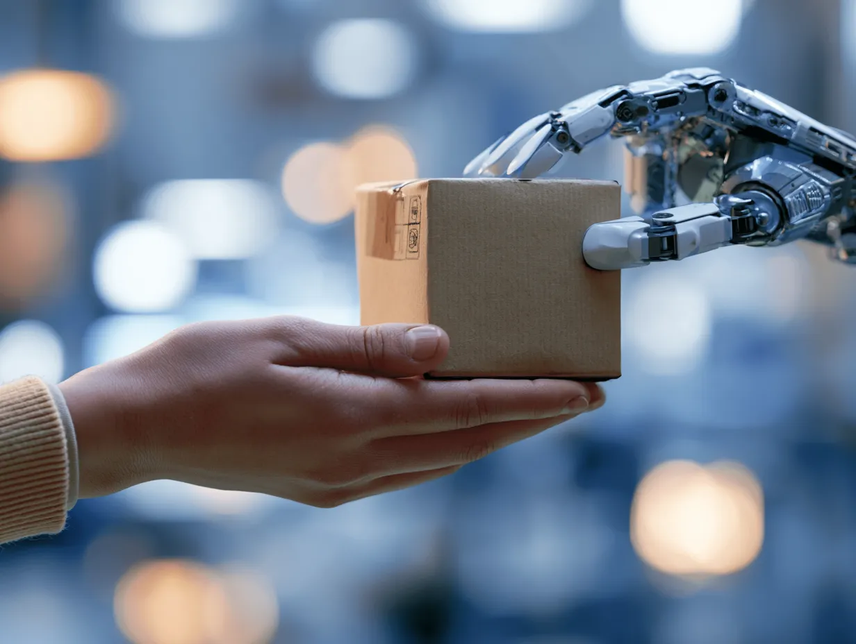 Eine menschliche Hand und ein Roboterarm reichen einander ein Paket, im unscharf gehaltenen Hintergrund leuchten farbige Lichtpunkte.