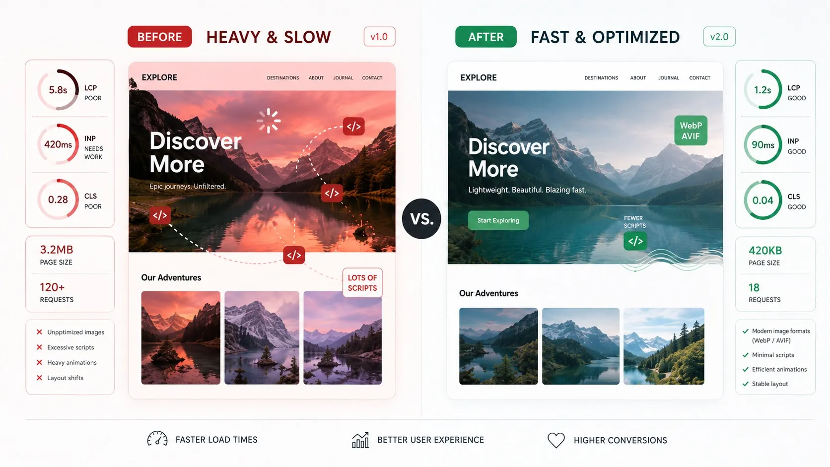 Vorher-Nachher-Vergleich zweier Webseiten-Designs: links „Heavy & Slow" mit schlechten Core Web Vitals (LCP 5,8 s, 3,2 MB, 120+ Anfragen), rechts „Fast & Optimized" mit guten Werten (LCP 1,2 s, 420 KB, 18 Anfragen, WebP/AVIF).