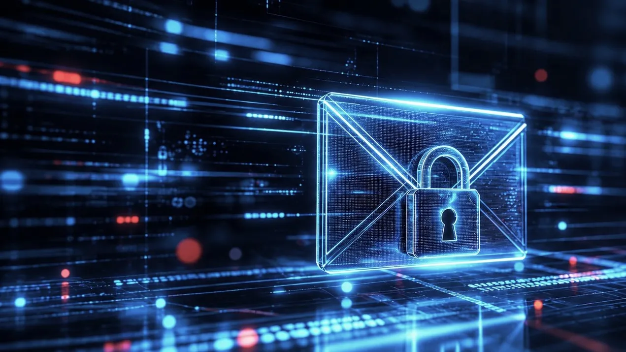 Leuchtend blauer Briefumschlag mit einem Vorhängeschloss vor einem dunklen Hintergrund aus digitalen Datenlinien und Lichtpunkten. Sinnbild für E-Mails, deren Herkunft abgesichert ist.