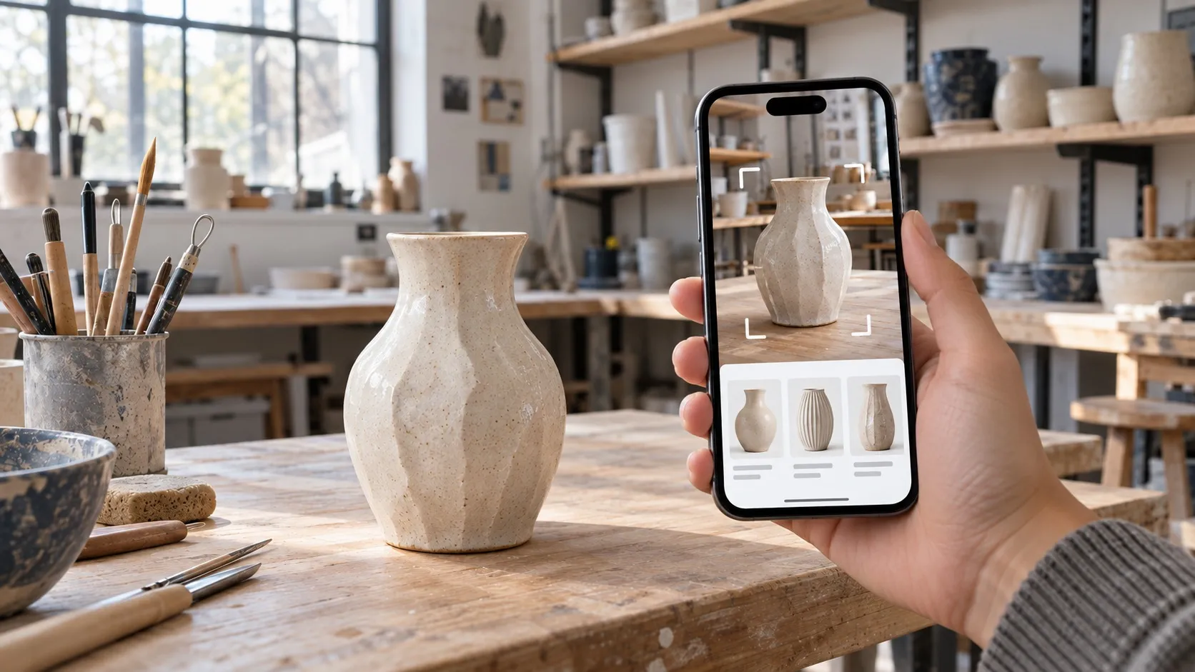 Eine Hand hält ein Smartphone vor eine Keramikvase auf einem Werktisch in einer hellen Töpferwerkstatt. Auf dem Display umrahmt ein Suchrahmen die Vase, darunter erscheinen drei Ergebniskarten mit ähnlichen Vasen.