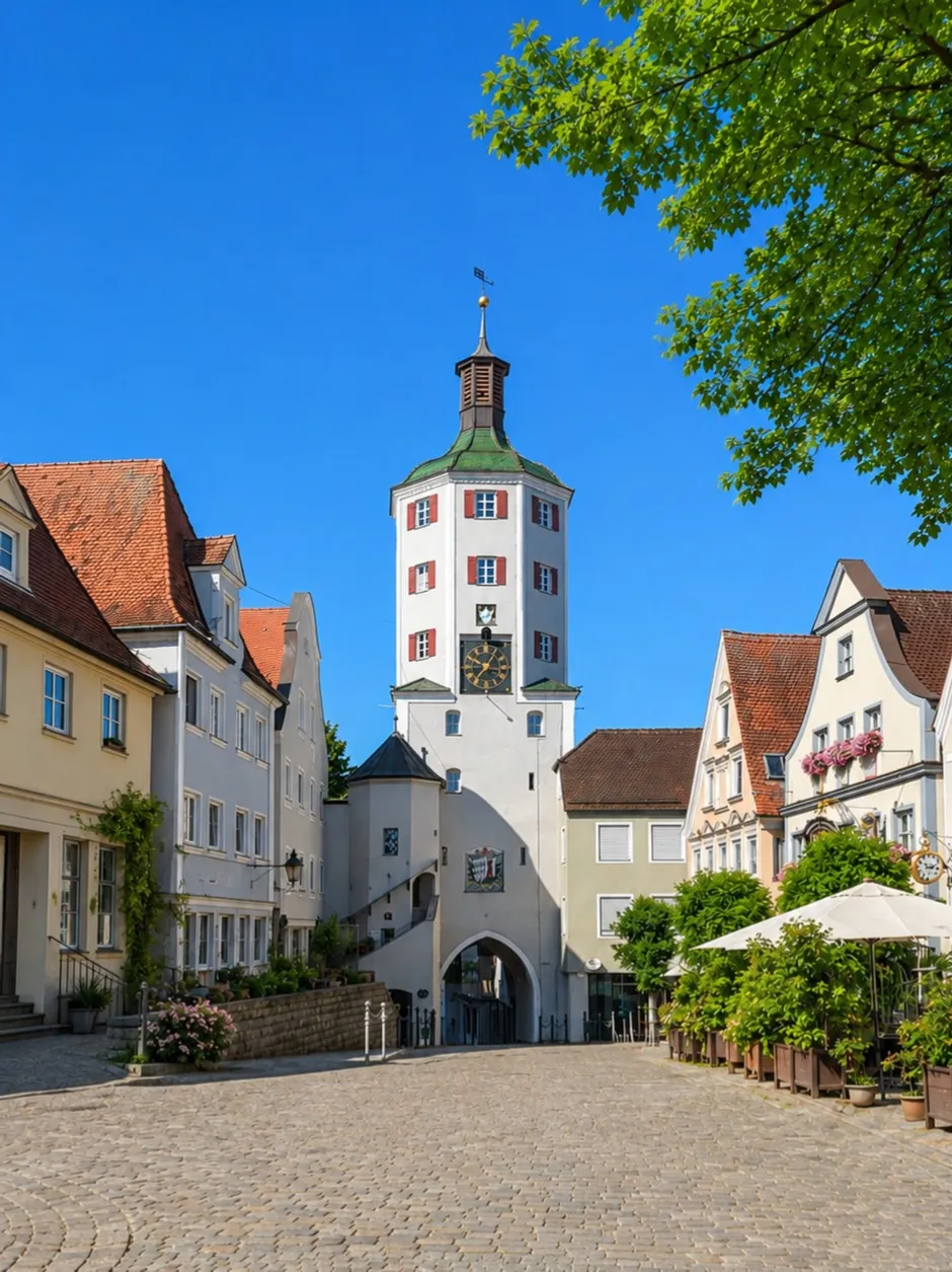 Das Untere Tor in Günzburg mit Blick über den gepflasterten Platz der Altstadt