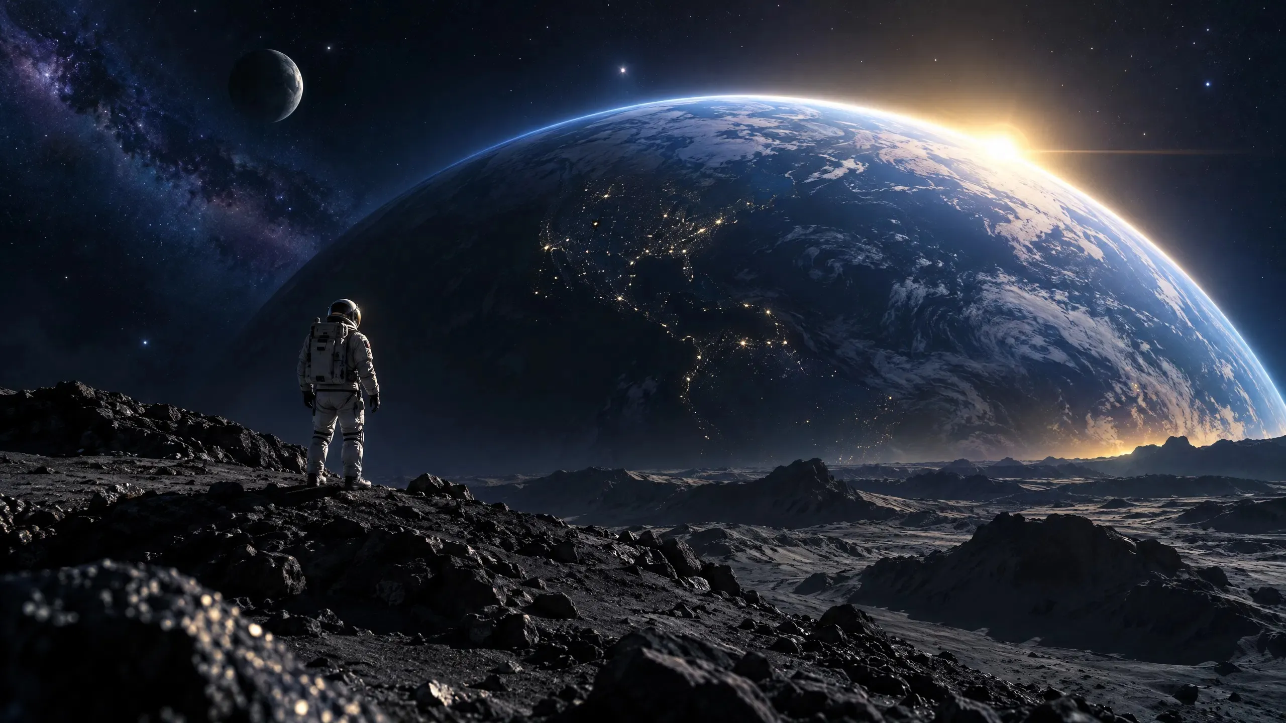 Eine Person im Raumanzug steht auf einer felsigen Mondlandschaft und blickt auf einen großen Planeten mit leuchtenden Städten auf der Nachtseite, über dessen Horizont die Sonne aufgeht, links am Sternenhimmel ein kleiner Mond und die Milchstraße.