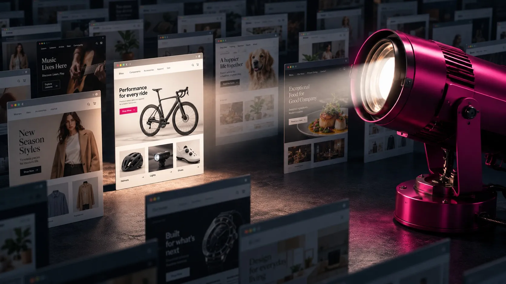 Ein magentafarbener Scheinwerfer richtet seinen Lichtkegel auf eine von vielen Webseiten-Vorschauen, die einen Onlineshop für Fahrräder zeigt, während die übrigen Seiten im Halbdunkel bleiben. Sinnbild für eine Webseite, die in der Suche hervorsticht.
