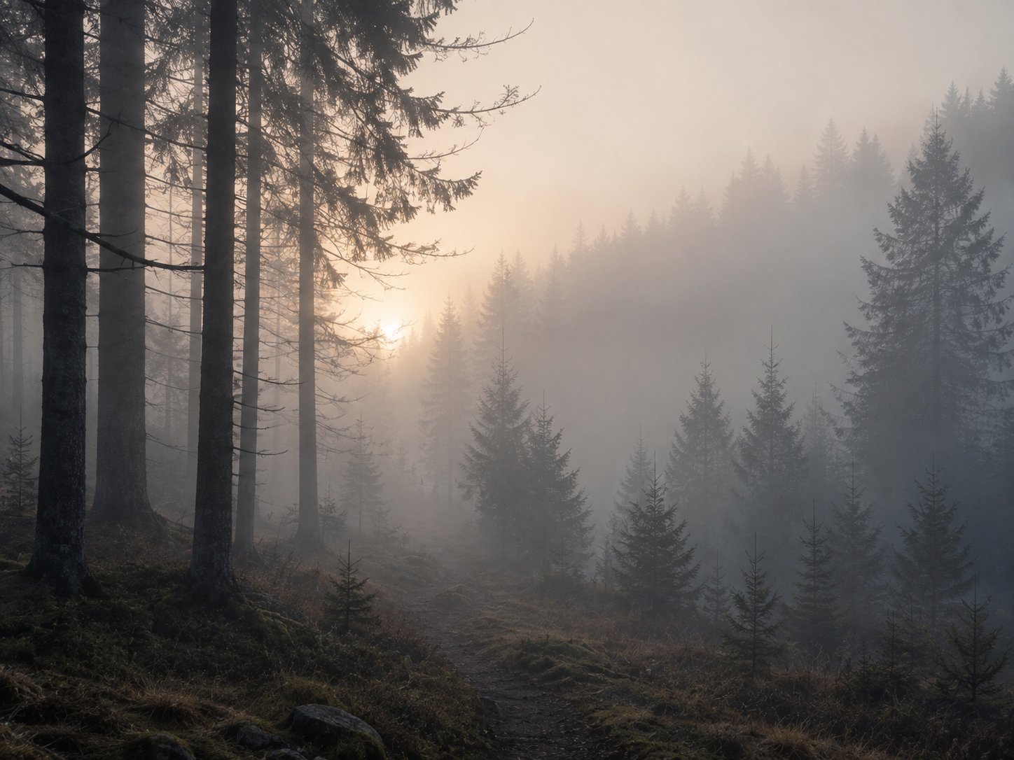 Nebelverhangener Wald im Morgengrauen