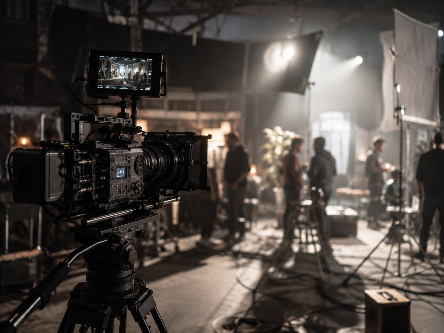 Filmset mit Kamera auf Stativ, Crew unscharf im Hintergrund