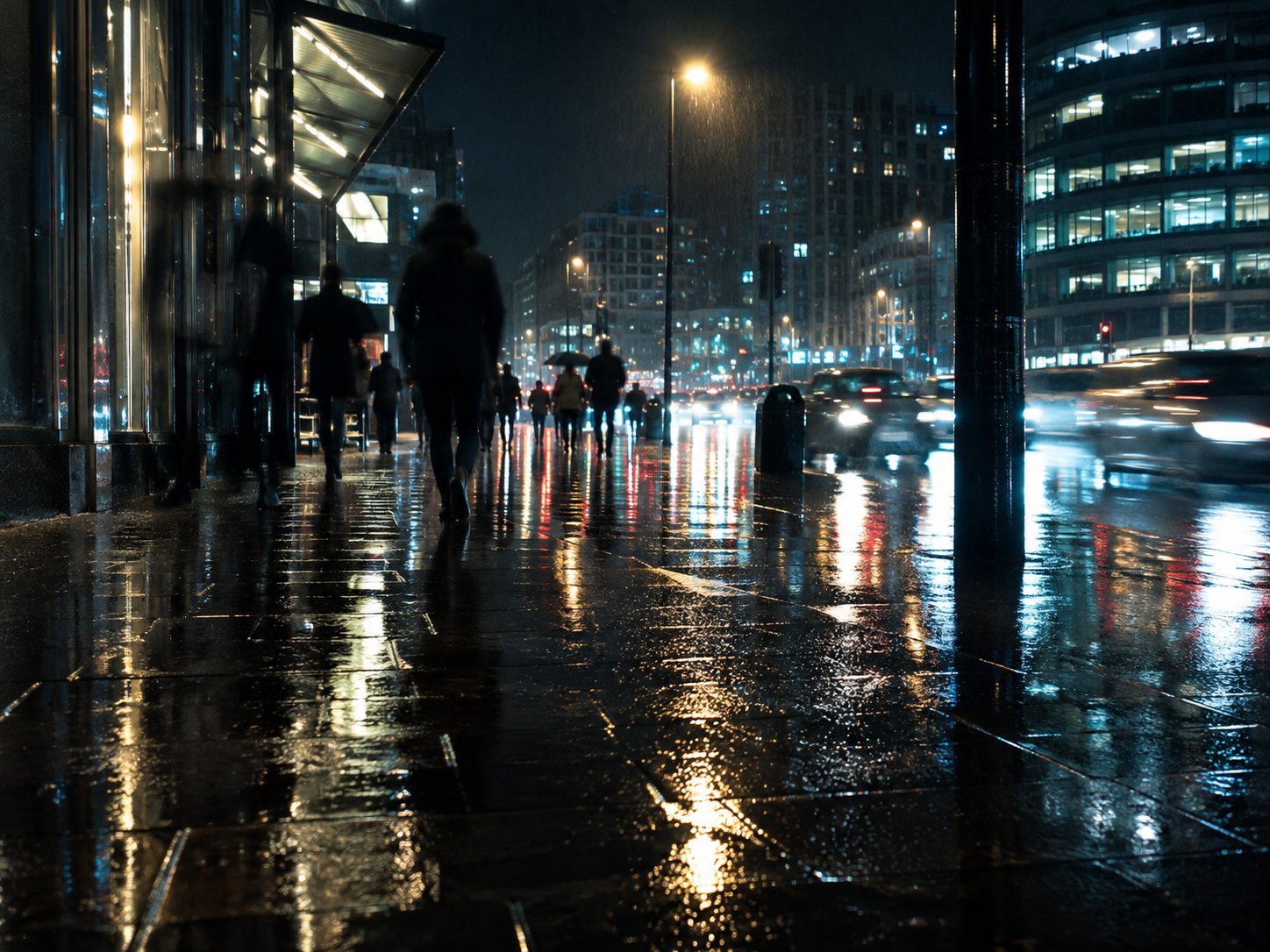 Nächtliche Straßenszene bei Regen mit Spiegelungen auf dem Asphalt