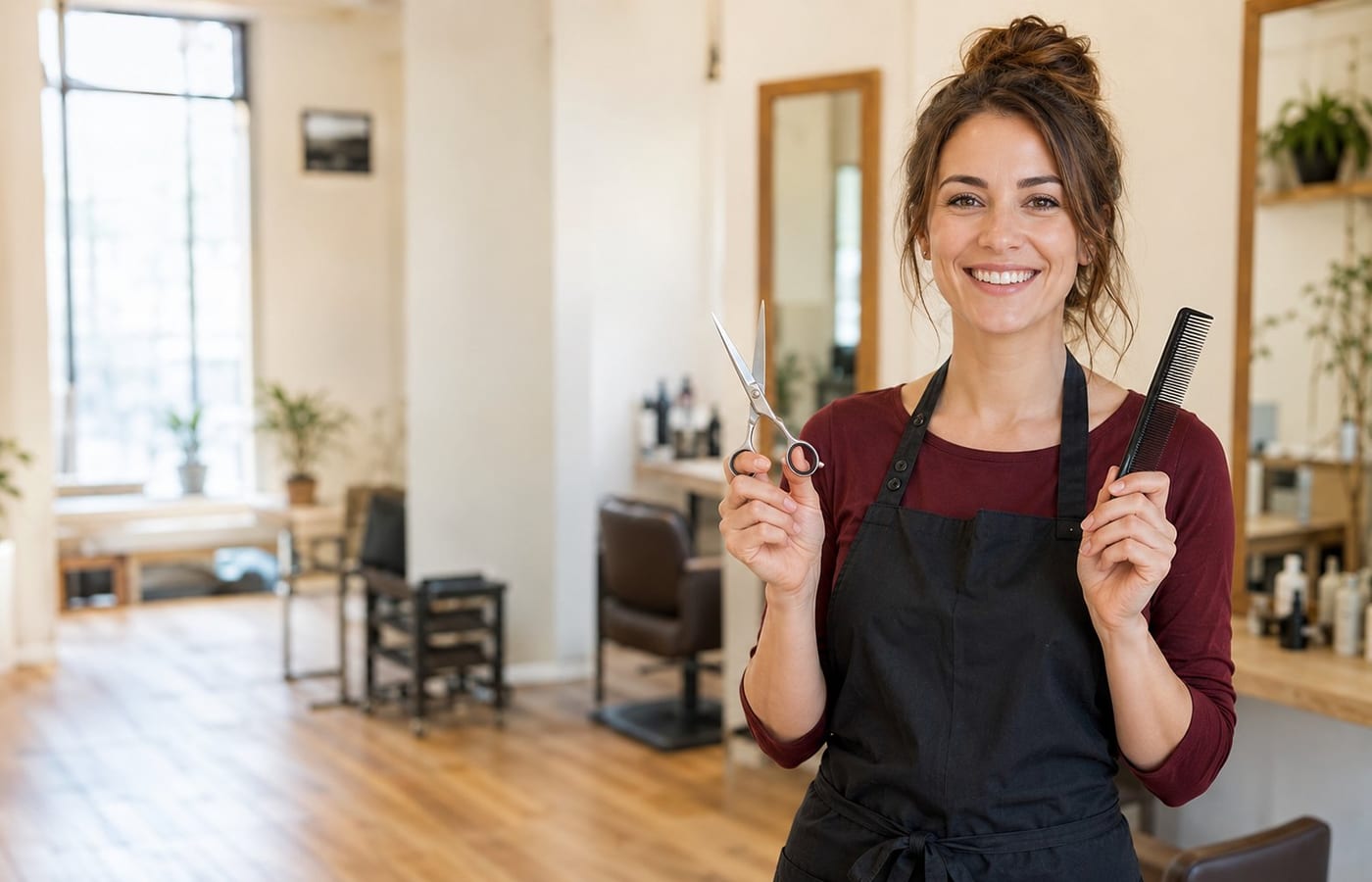 Friseurin mit Schere und Kamm, lächelnd im hellen Salon