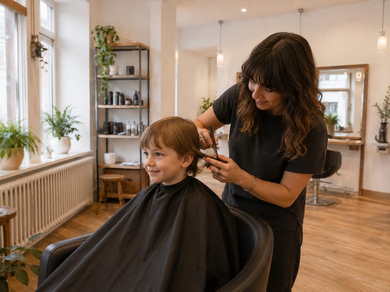 Kind bekommt beim Friseur die Haare geschnitten