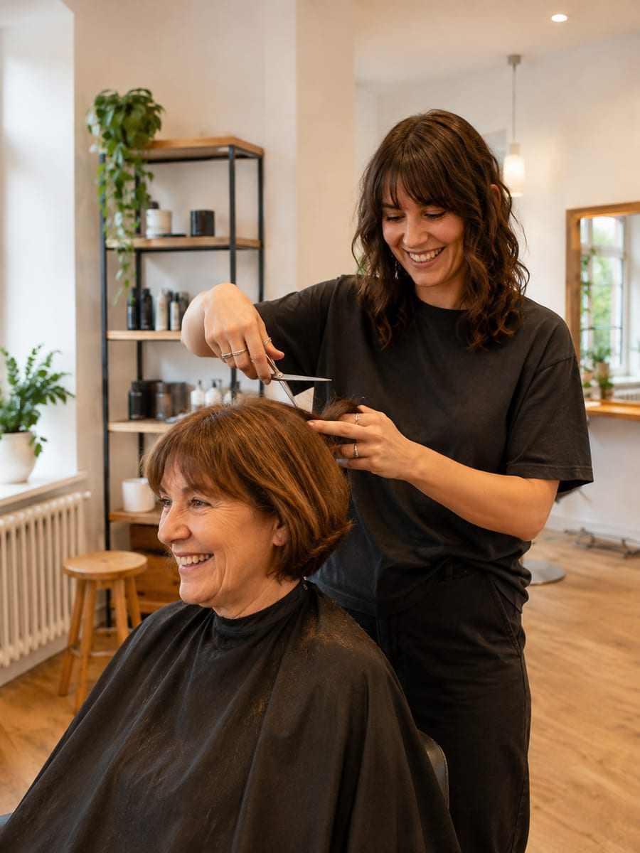 Friseurin schneidet einer Kundin die Haare, beide lachen