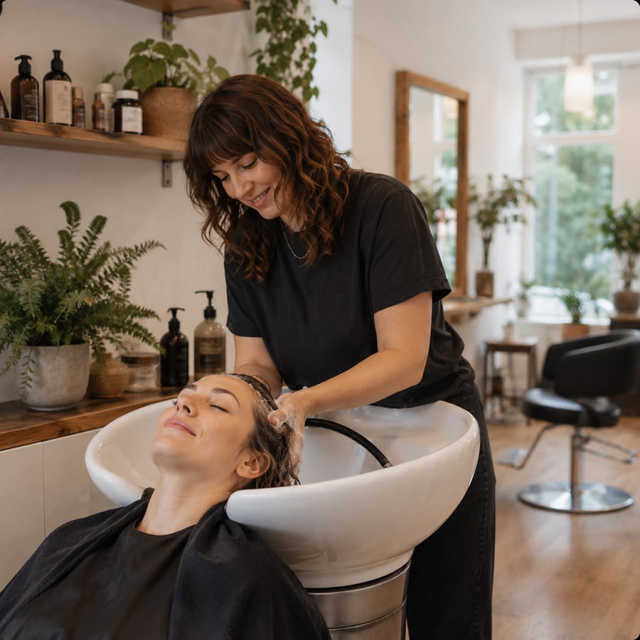 Kundin am Waschbecken, die Haare werden gewaschen
