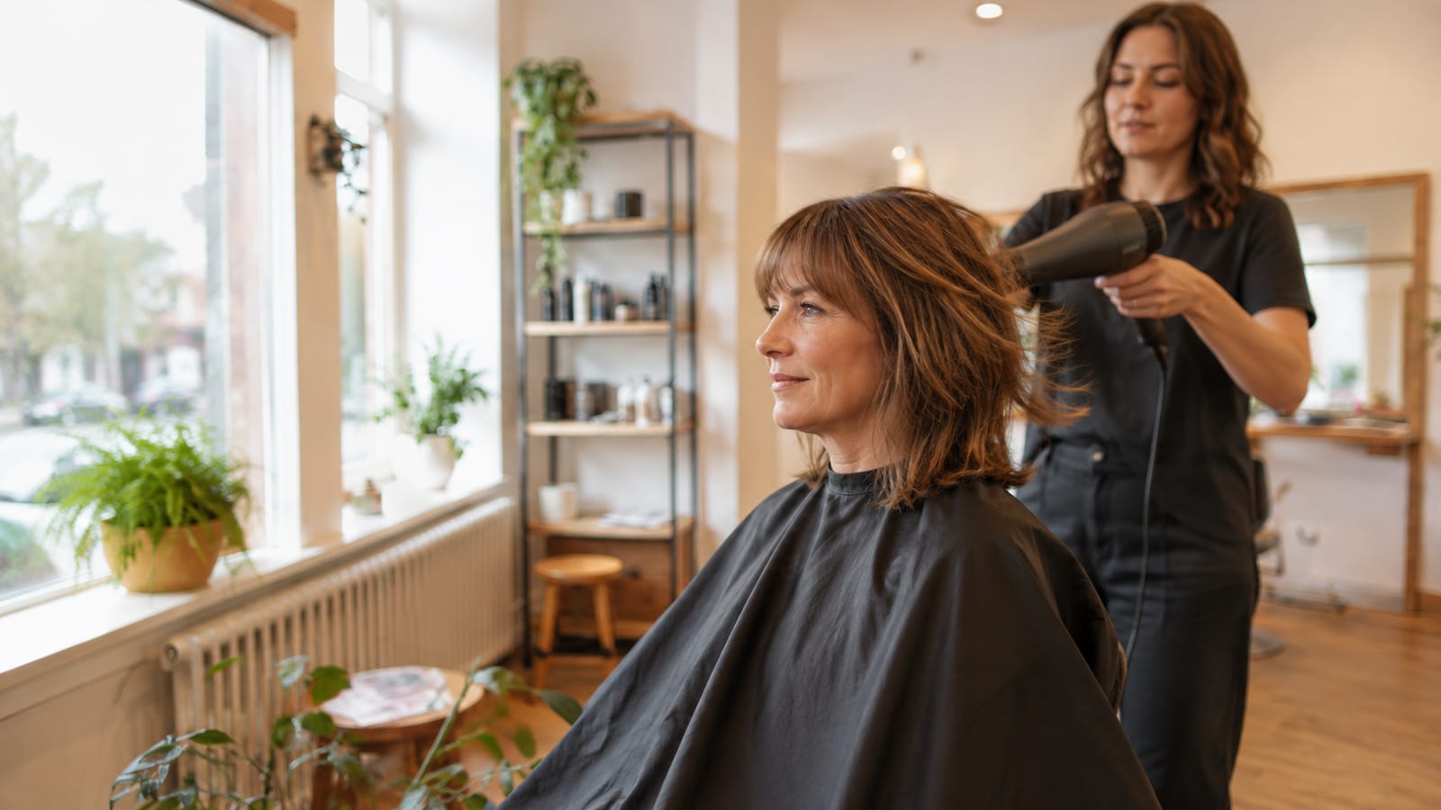 Heller Friseursalon am Vormittag, eine Kundin wird am Fenster geföhnt