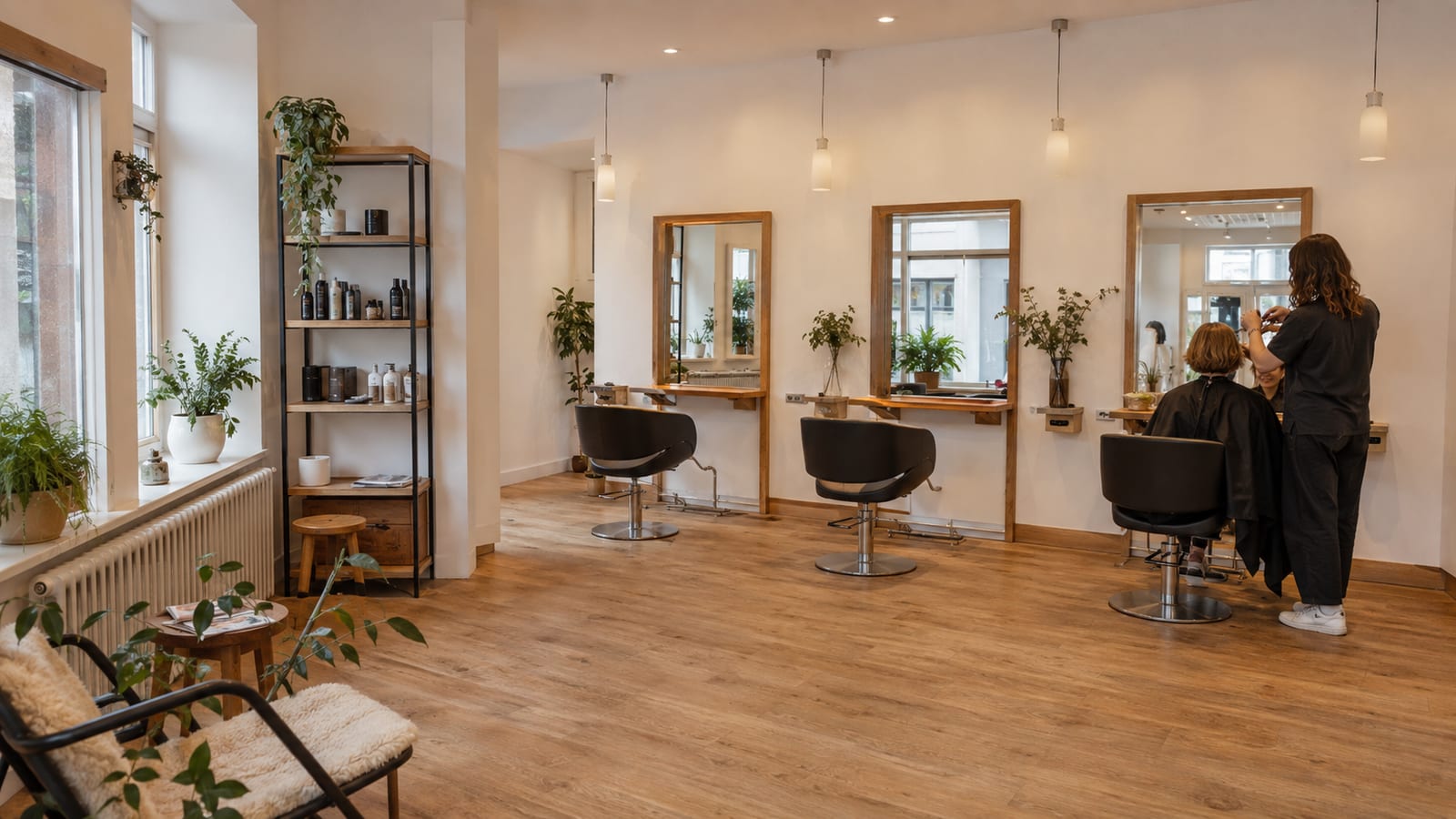 Blick in den Salon mit drei Arbeitsplätzen und Tageslicht von links