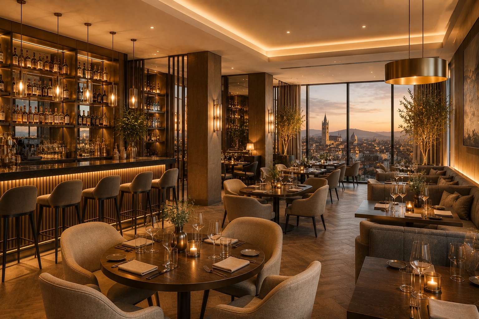 Stimmungsvolles Restaurant des Hotels bei Abendlicht