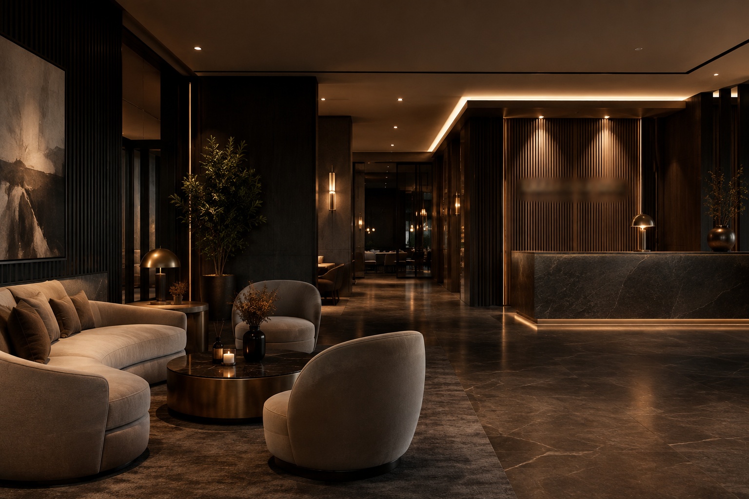 Elegante Hotellobby des Hotel Solaya im warmen Abendlicht
