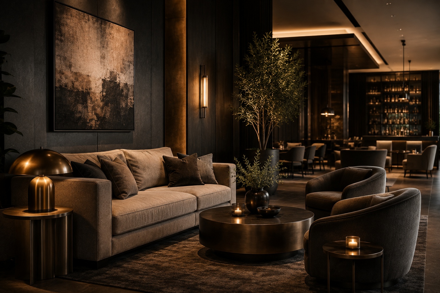 Gemütliche Lounge mit warmem Licht und eleganten Möbeln