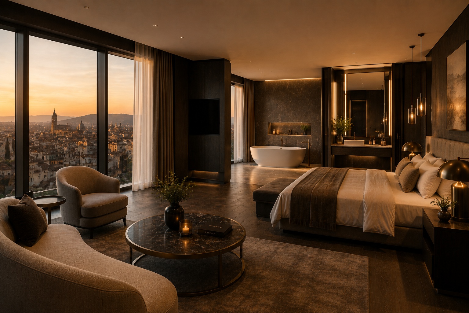 Panorama-Suite mit großem Fenster und Blick über die Stadt