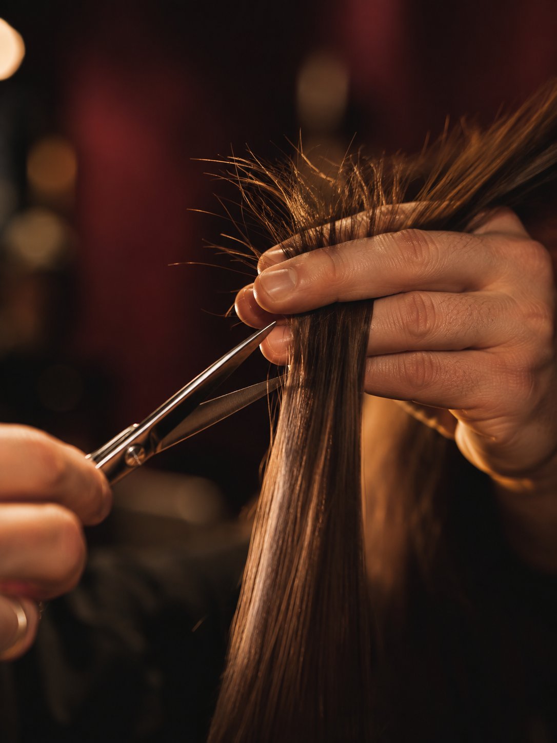 Hände halten eine Haarsträhne, daneben eine Schere