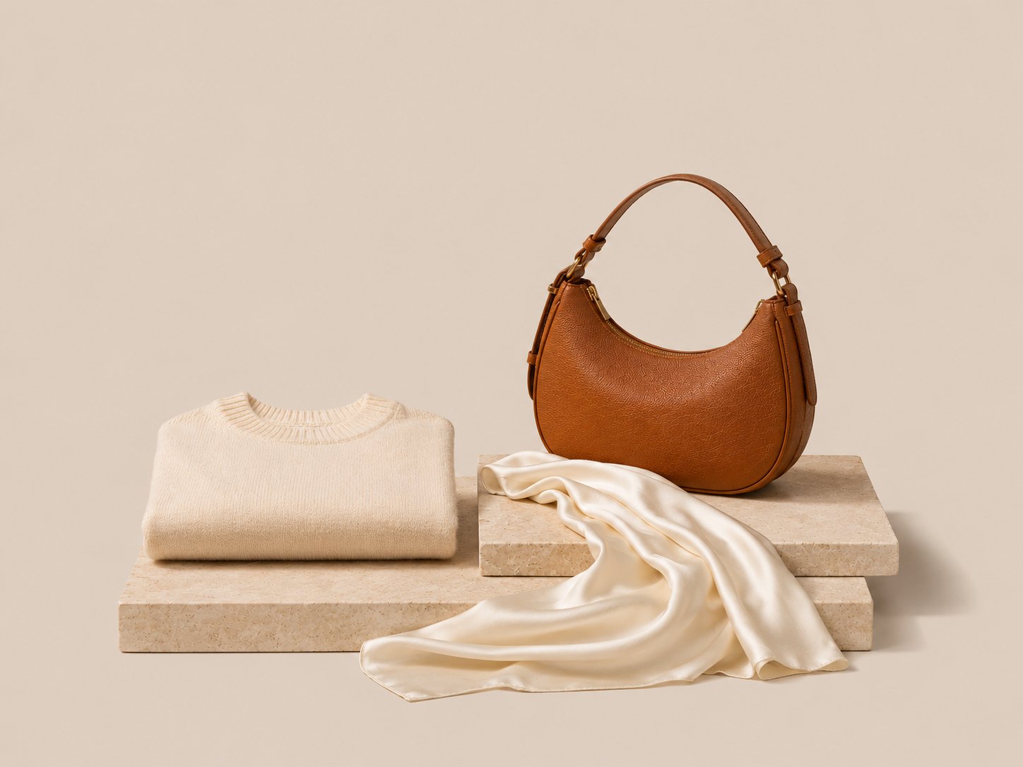 Strickpullover aus recycelter Wolle, Schulterhandtasche aus veganem Leder und ein Seidentuch auf Steinpodesten