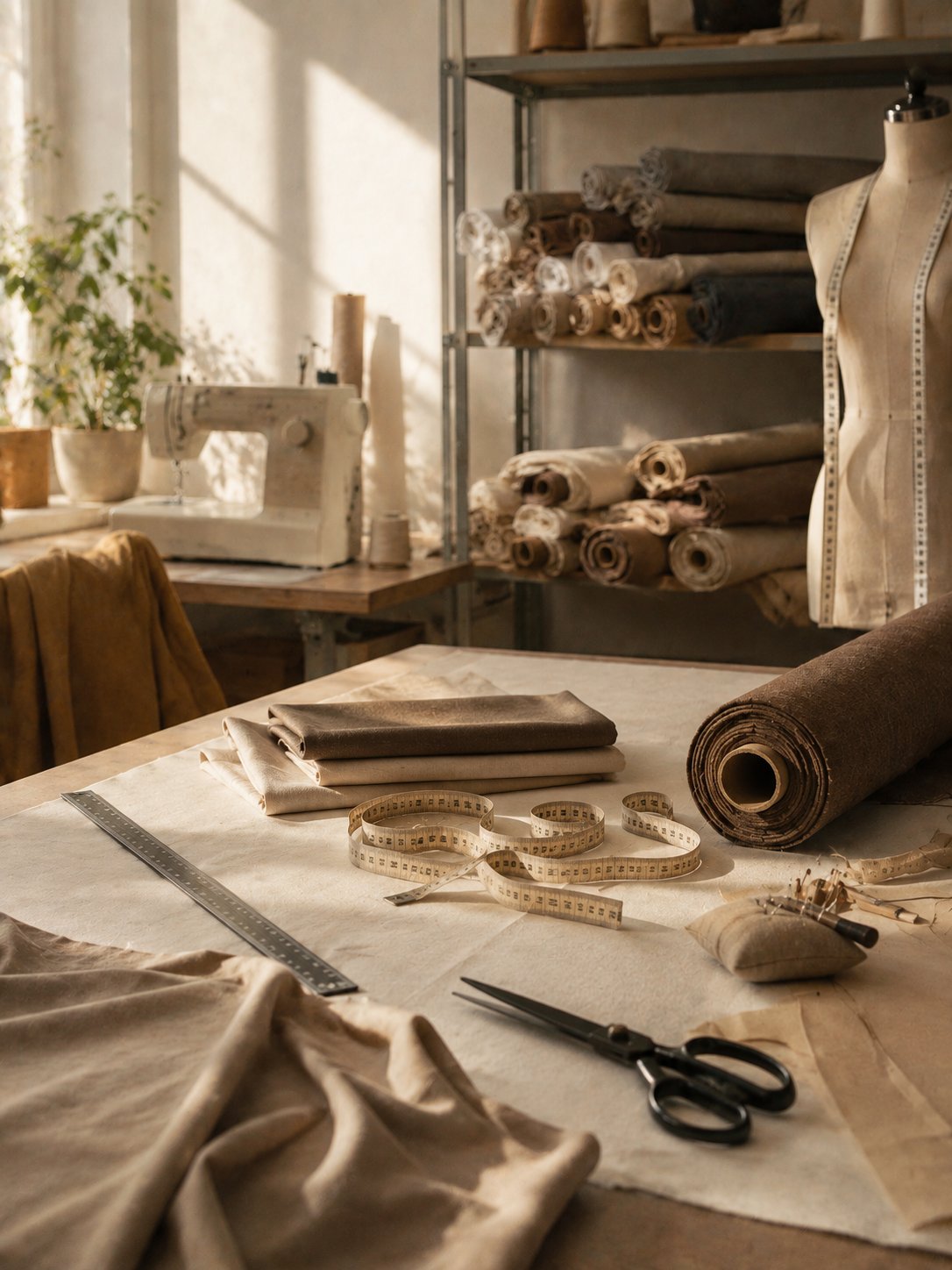 Näharbeitsplatz im Atelier mit Stoffrollen in Erdtönen