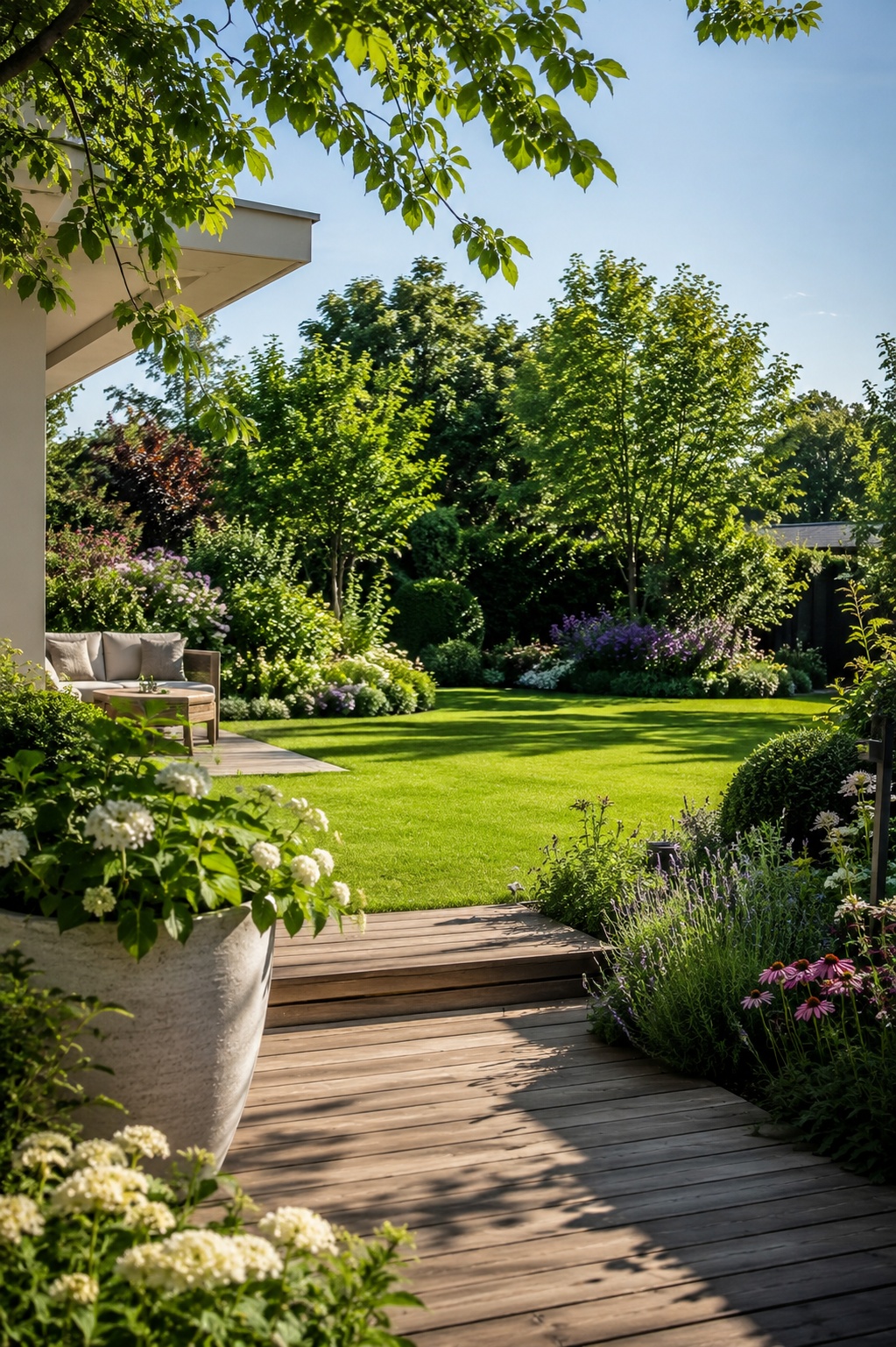 Neu angelegter Garten mit Terrasse, Rasen und Bepflanzung im Sonnenlicht