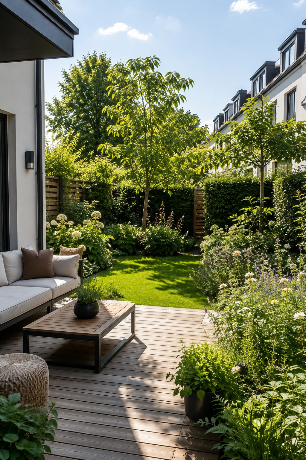 Moderner Reihenhausgarten mit Holzterrasse und Staudenbeeten