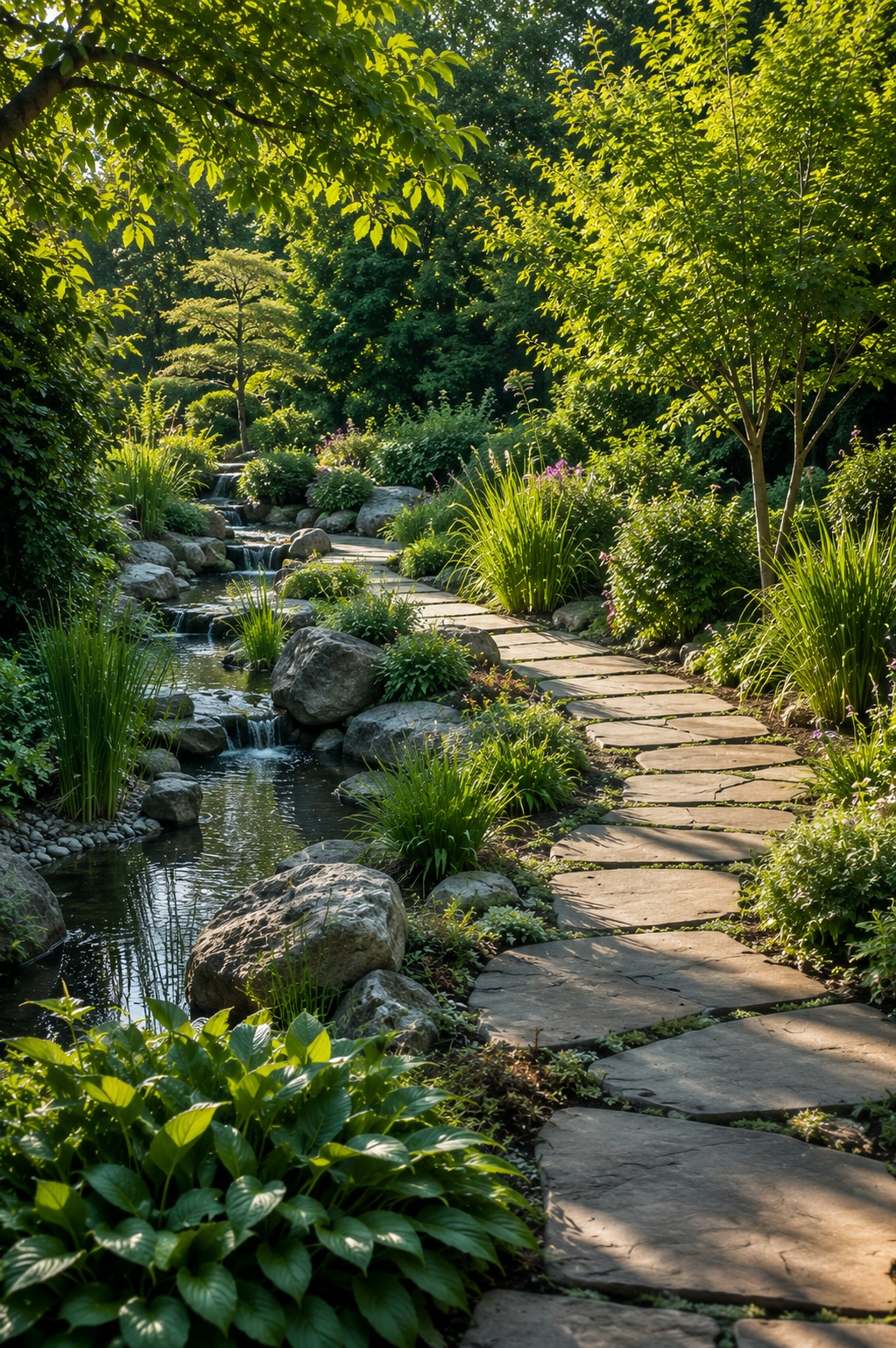 Naturnaher Garten mit Teich, Findlingen und geschwungenem Weg