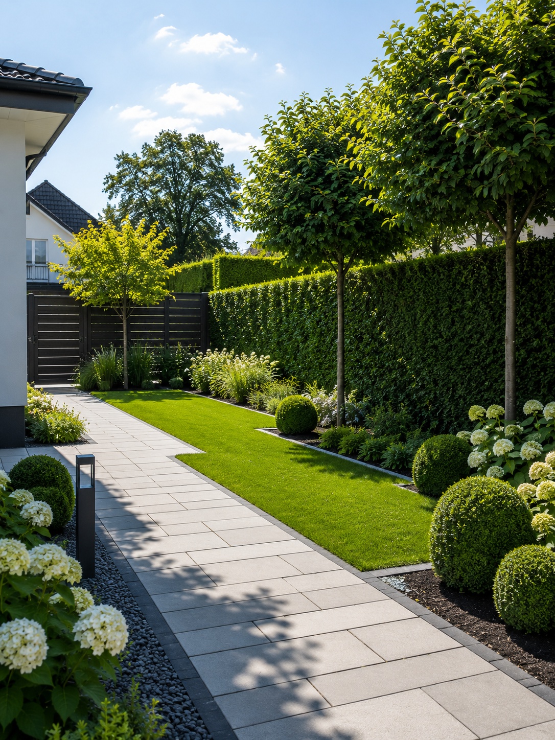 Gepflegter Vorgarten mit Pflasterweg, Hecke und Rasenfläche